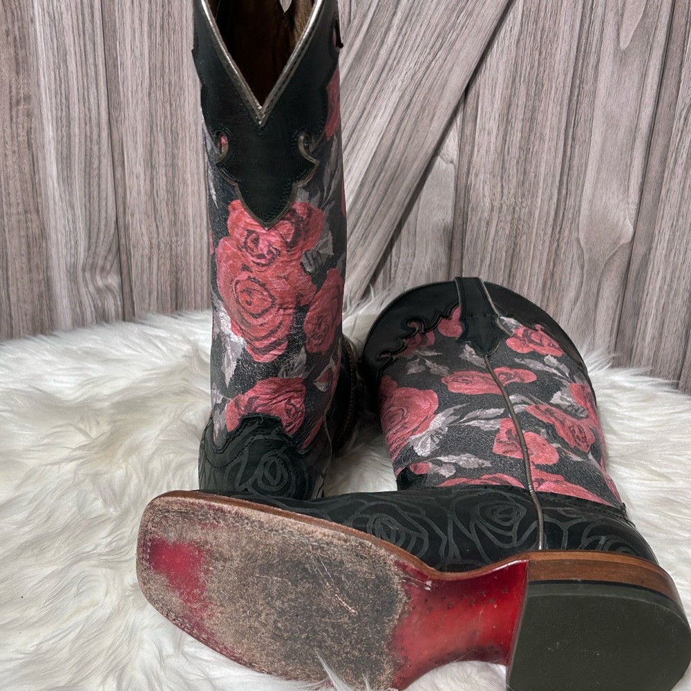 Ariat Black and Pink Floral Cowboy Boots 7.5R - Picture 4 of 6